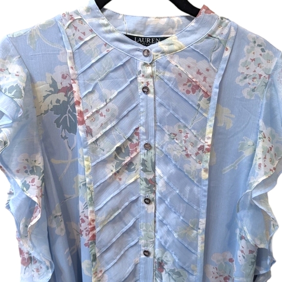 Lauren Ralph Lauren Blue Floral Ruffled Pintucked Spring Chiffon Dress (10) - Picture 4 of 4